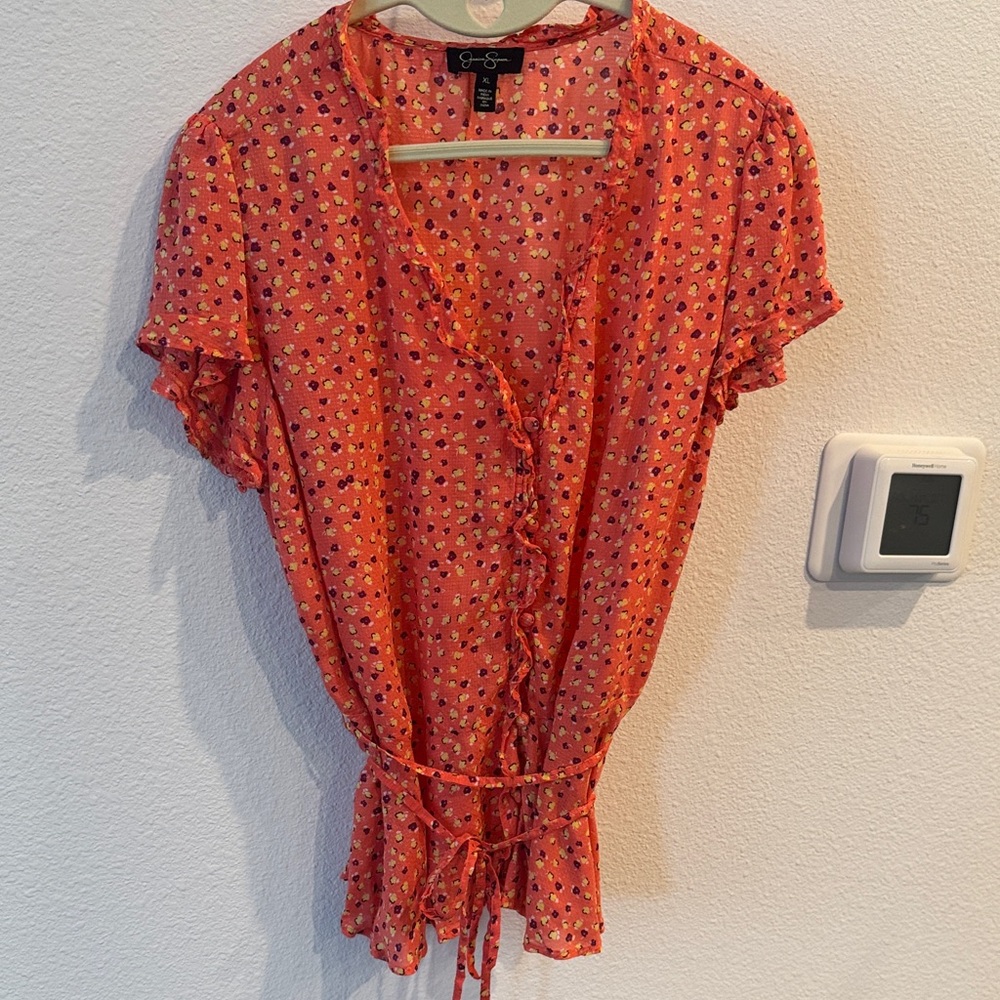 Jessica Simpson Red-orange Floral Ruffle Blouse